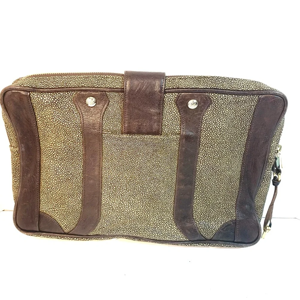 REBECCA MINKOFF Laptop Tablet Business Clutch Case Brown & Metallic Leather